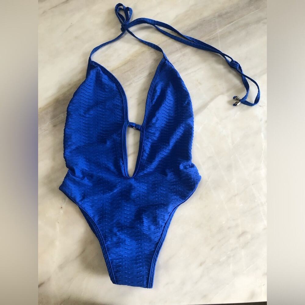 NEW la costanera Blue One Piece Swimsuit one size plunge backless